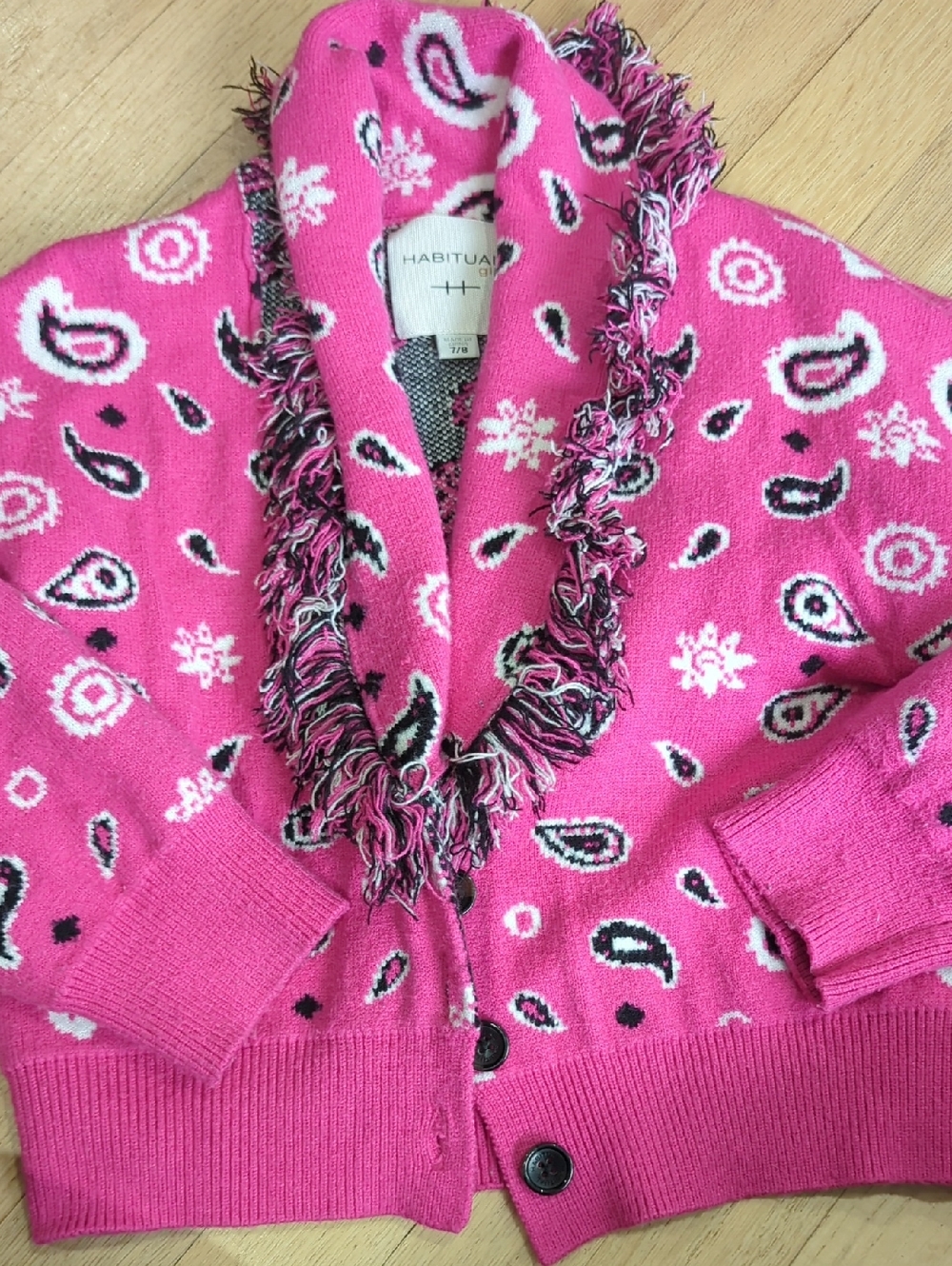 Habitual Hot Pink Paisley Fringe Shawl-Collar Cardigan